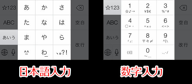 左: 日本語入力の配置 / 右: 数字入力の配置
