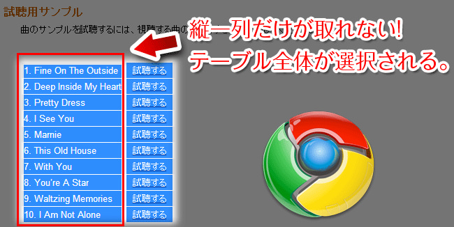 テーブルの縦一列だけが取れない（テーブル全体が選択される）