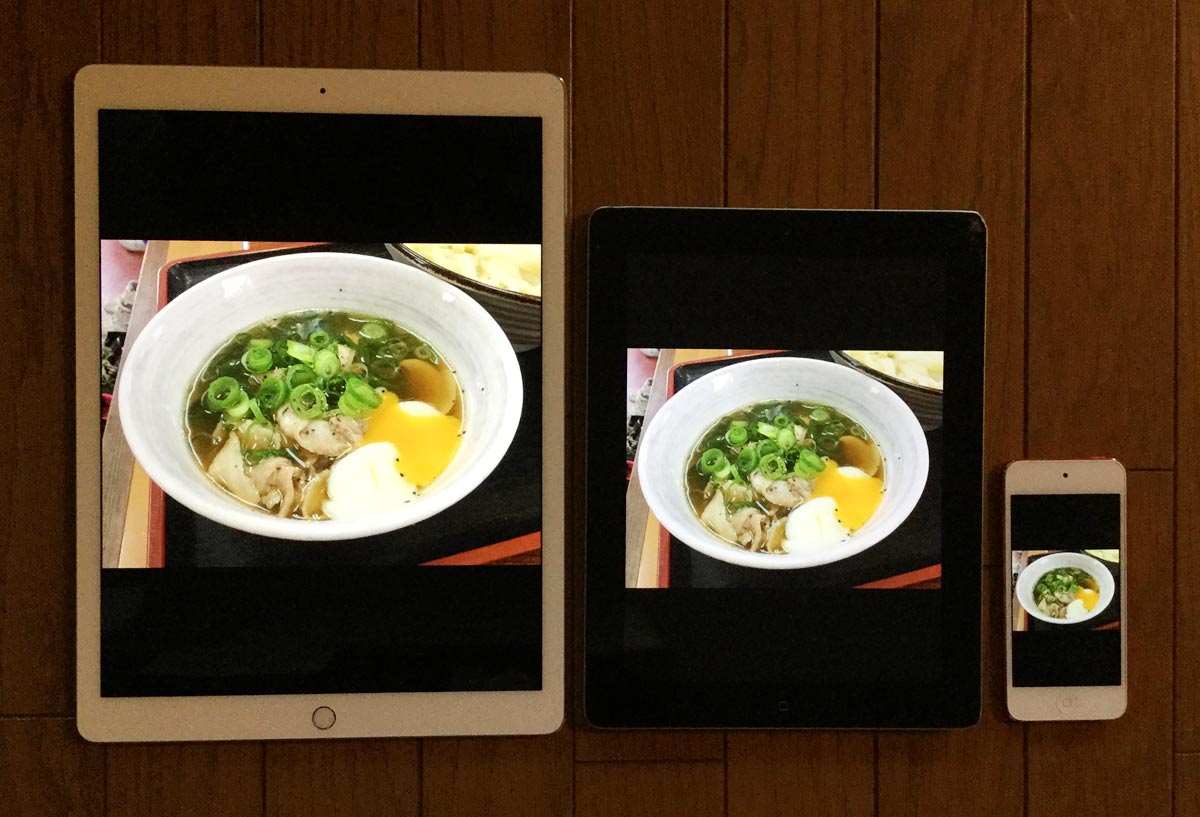 縦位置で写真を見たときの比較（左: iPad Pro・中: iPad・右: iPod touch）