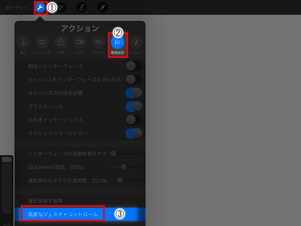 左上のスパナマーク→環境設定→高度なジェスチャーコントロール