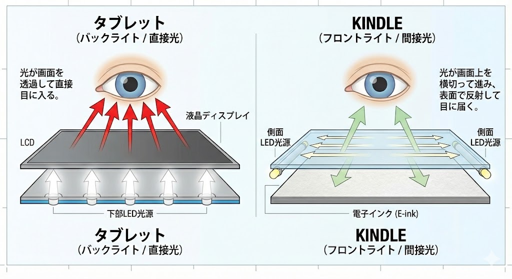Kindleの光の仕組み(Geminiにて生成)