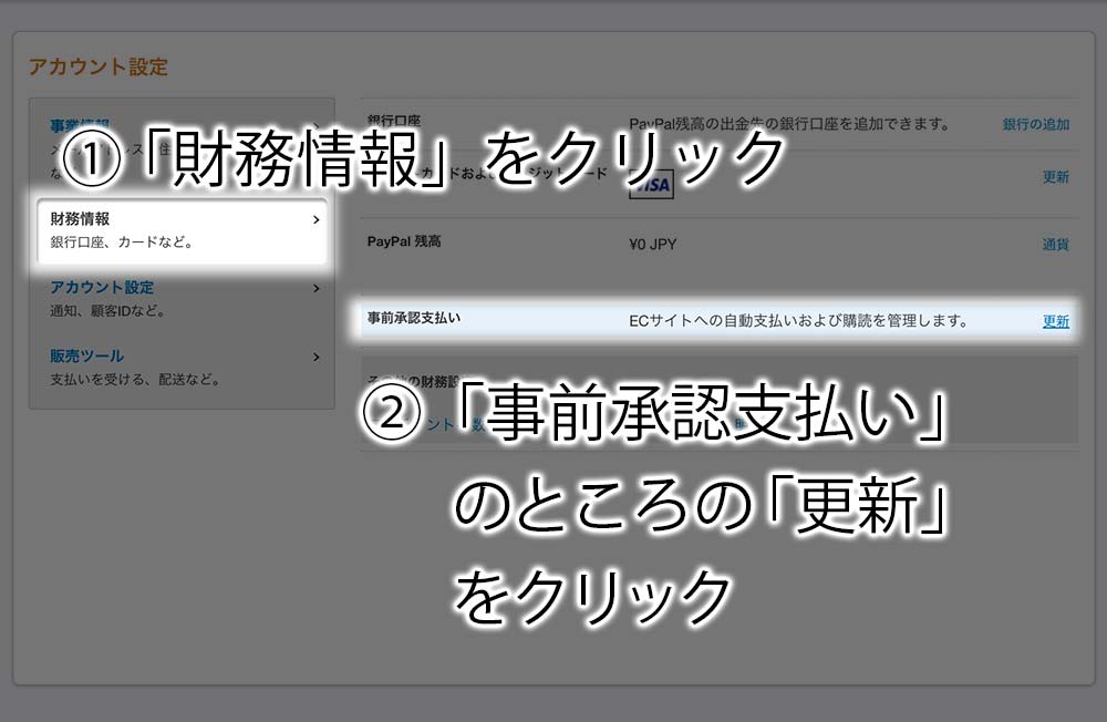 「財務情報」をクリックし、「事前承認支払い」のところの「更新」をクリック