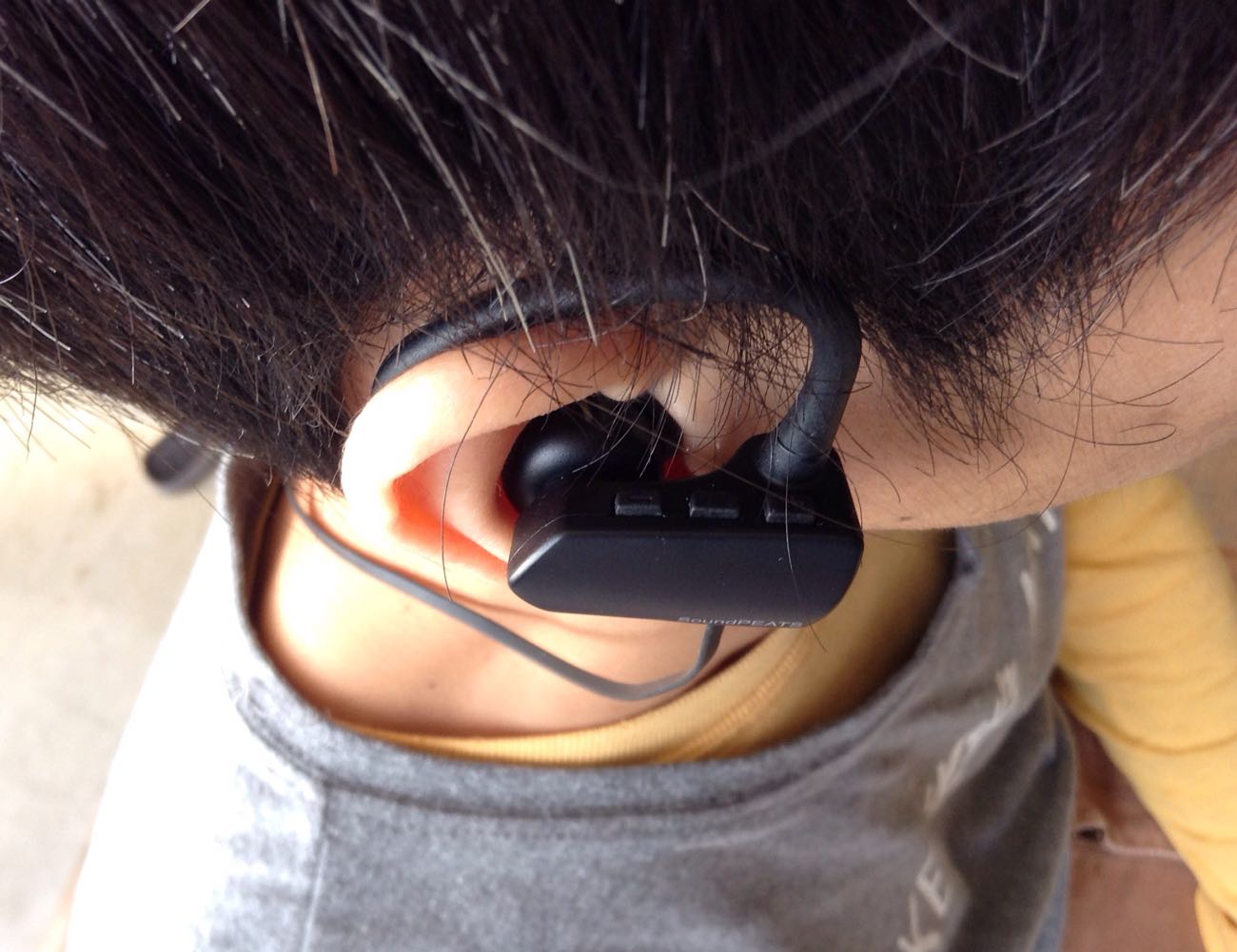右耳側にリモコンが3つ。【 1 】音量を小さく/前のトラック 【 2 】メインボタン 【 3 】音量を大きく/次のトラック